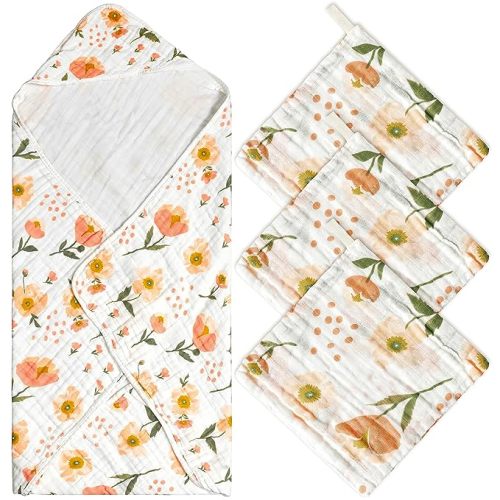Zainpe 4Pcs Muslin Baby Hooded Towel & Washcloth Set, Flowers Soft Absorbent Cotton Bath Hand Towels Infant Shower Gifts for Newborn Toddler Boys Girls Feeding Teething Sleeping 31.5 X 31.5 in