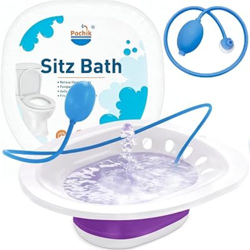 Pochik Sitz Bath for Toilet Seat Hemorrhoids and Postpartum Care, Yoni Steam Seat, Perineal Soaking, Collapsible, Flusher Hose, Drain Holes, Wider Seating Area - Purple