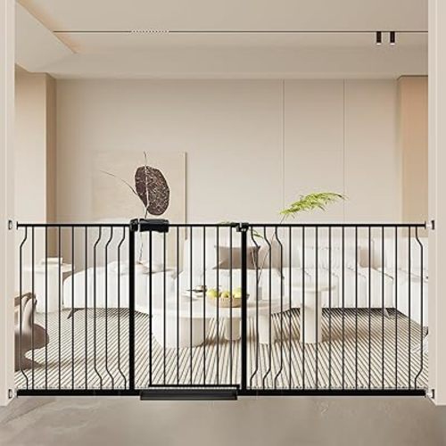 Extra Wide Baby Gate 71.65"-85.82" Pressure Mounted No Drilling Installation with Wall Protectors and Walk-Through Door, Auto-Close & Dual-Direction Opening for Large Doorways and Spaces Black