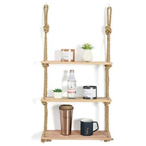 JayDee Decorative Hanging 3 Tier Natural Wood Floating Wall Shelves with Jute Rope-Home Decor Organizer for Any Room!