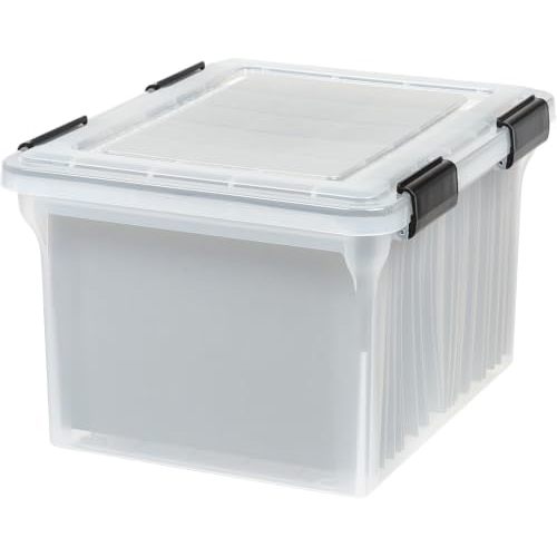 IRIS USA WeatherPro File Box Organizer, Letter/Legal, 32 Qt. Clear | Protect files and paperwork with a durable design featuring secure closure and convenient organization