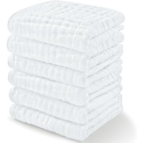 Comfy Cubs Muslin Baby Washcloths 6 Pack - Soft 6-Layer Cotton Wash Cloths for Sensitive Skin - 10"x10" Large, Gentle, Absorbent Infant Essentials for Newborn and Toddlers - White