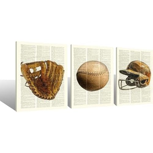 SiuSue Vintage Baseball Wall Art Set - 3 Canvas Paintings, 11x14 Inch Each - Gift for Baseball Fans