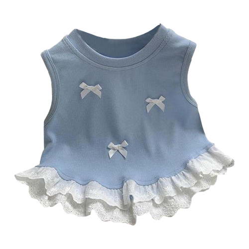 Girls T Shirts Summer Kids Toddler Girls Bow Lace Patchwork Sleeveless T Shirts Trend Vest Tops Summer Tops Blue 18 Months-24 Months