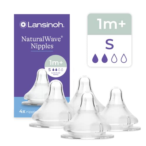 Lansinoh NaturalWave Baby Bottle Nipples, Slow Flow (S), 4 Count | 1+ Month, 100% Soft, Durable Silicone, Made without BPA BPS, Anti-Colic, Supports Baby's Developing Mouth and Teeth