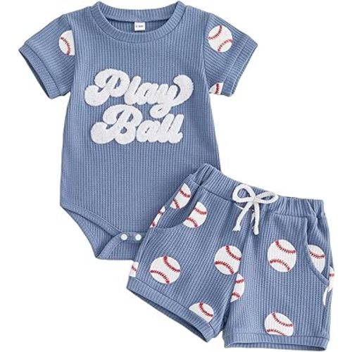Kupretty Baby Boy Clothes 3 6 12 18 Months Summer Outfit Baseball Embroidery Waffle Short Sleeve Romper & Shorts Set