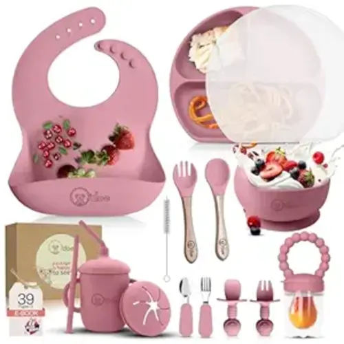 O'doe 17-Piece BPA-Free Silicone Baby Feeding Set | Thick & Soft Suction Plates, Baby Bowls, Wooden Fork & Spoon, and More | Make Mealtime Fun and Easy for Your Little One | Pink, V2