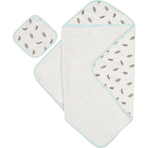 Bamboo Viscose Baby Hooded Towel & Washcloth Set for Babies and Toddlers, Soft & Absorbent, 70% Viscose derived from Bamboo, 30% Cotton Muslin, Imported (Otter)