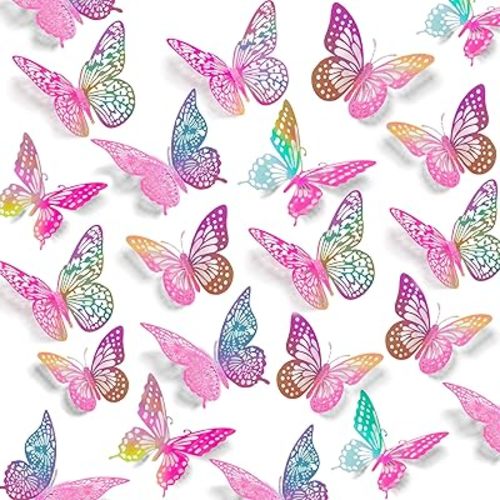 SAOROPEB 3D Butterfly Wall Decor 48 Pcs 4 Styles 3 Sizes, Purple Butterfly Decorations for Birthday Decorations Butterfly Party Decorations Cake Decorations, Removable Stickers (Laser Pinkpurple)