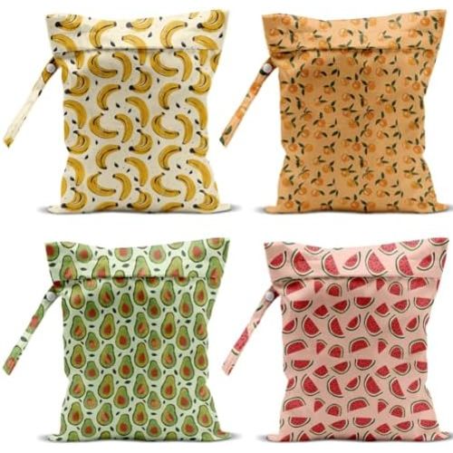 4 Pack Cute Fruit Wet Bag Waterproof Washable Reusable Wet Dry Bag for Swimsuit Dirty Clothes Cloth Diaper Travel Beach Pool Yoga Gym Toiletries Travel Beach Essentials Watermelon Avocado Banana