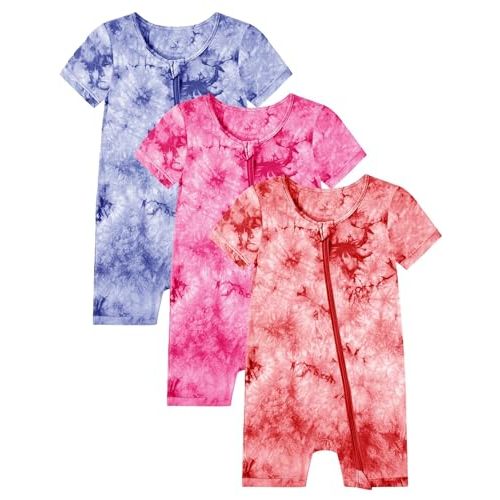Jimonda Baby Girl Boys Rayon From Bamboo Pajamas 3 Pack Short Sleeve Footless Romper 2 Way Zipper Tie Dye Pjs Sleeper 0-24M