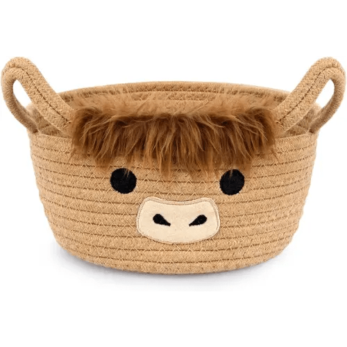Highland Cute Cow Basket for Nursery, Small Shower Gift Basket, Round Woven Rope Cotton Storage, Baby Blanket 0rganizer with Ears Handles, Blanket Towel Decor Storage Bins, 10.7"D x 4.4"H in