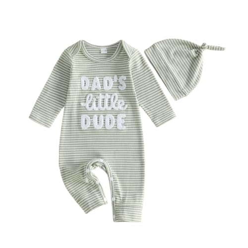 Baby Boy Clothes Newborn Outfit One Piece Romper Letters Bodysuit + Hat | Dad's Little Dude/Mama's Little Man Baby Brother Matching Outfits Ribbed Knit Striped Fall Winter Set 0 3 6 9 months