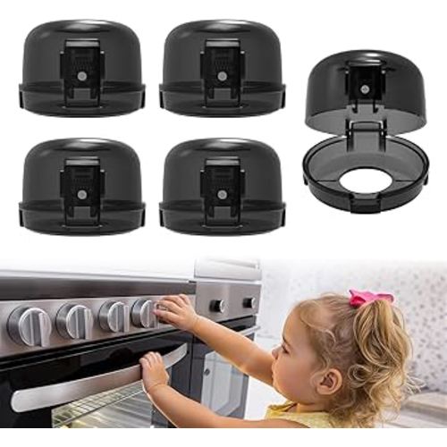 Stove Knob Covers - 5 Pack Heat Resistant Gas Stove Knob Covers with Child Proof Lock & 3M Strong Adhesive, Oil-Proof Oven Knob Covers with Semi-Transparent Design, Black
