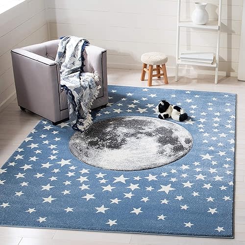 SAFAVIEH Carousel Kids Collection Area Rug - 5'3" Square, Light Blue & Grey, Non-Shedding & Easy Care, Ideal for High Traffic Areas for Boys & Girls in Playroom, Nursery, Bedroom (CRK135L)