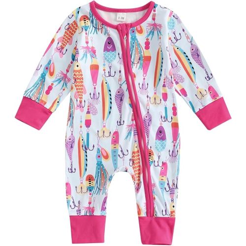 Gaono Newborn Baby Boy Girl Fishing Outfit Long Sleeve Zipper Fish Print Romper Jumpsuit Infant Coming Home Clothes