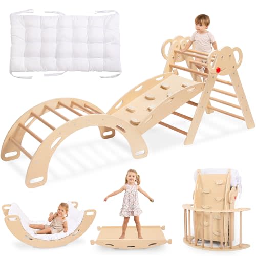 WINGYZ Pikler Triangle Set, Montessori Foldable 8-in-1 Jungle Gym with Reversible Animal Slide, Patent-Protected Climbing Set, Safe 2.35" Gap ASTM F963 Standards for Toddlers 18 Months-7 Years (Teak)