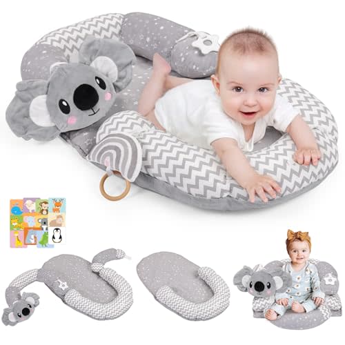 4 in 1 Tummy Time Mat with Educational Cards, Play Mat & Sitting Support for Newborn 0-12 Months, Infant Baby Sit Me Up Floor Seat, Sensory Skills Gifts, Koala