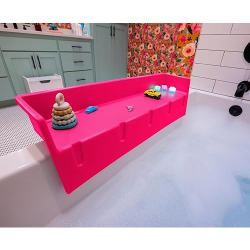 Tub Topper® Bathtub Splash Guard & Bath Shelf for Kids – Toddler Bath Tray, Bath Toys Storage & Ledge Organizer – Splash Guard for Bathtub with Suction Cups – Kids Bathroom Accessories (Pink)