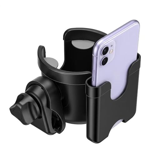 Suranew Universal Stroller Cup Holder, Adjustable Drink Holder with Phone Holder for Baby Stroller, Wheelchair, Walker, Bike, Scooter, Gifts for Family Member. | Fits Stroller Walker Wheelchair Handlebars | Holds Cups Bottles and Phone Steady | Tool-Free