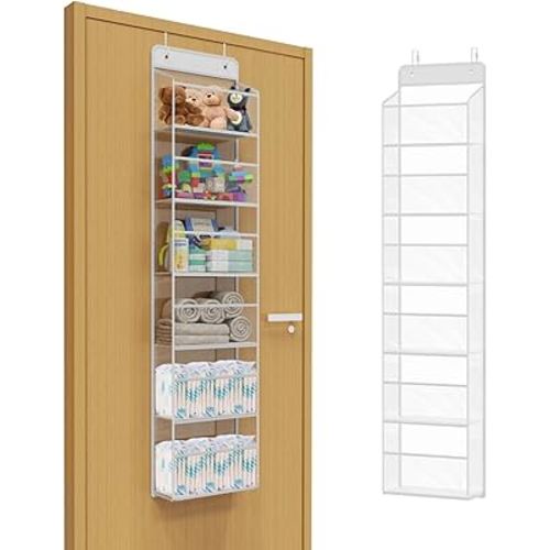 Univivi Over Door Hanging Organizer Behind the Door Storage, Closet Door Organizer with 6 Clear Plastic Pockets & 2 Big Metal Hooks for Cosmetics, Bathroom, Nursery and Sundries
