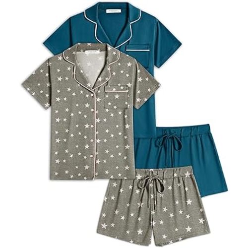 Ekouaer 2 Pack Womens Pajamas Set Button Down Summer Sleepwear Short Sleeve Comfy Pjs Loungewear Set