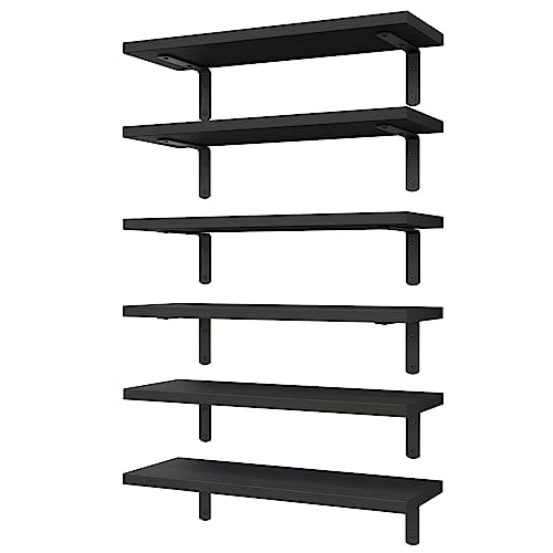 WOPITUES Wood Floating Shelves Set of 6, Shelves for Wall Decor, Farmhouse Shelf for Bedroom, Bathroom Storage Shelves, Book Shelves for Living Room-Black