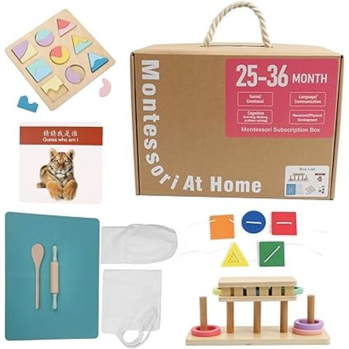 Montessori Toys for1 Year Old,25-36 Months, 5 in 1 Learning Educational Set Wooden Toys (Includes Guess who I am,Lacing, Baking Set, Land and Sky Two-Part Puzzle Board,Ring Slide)
