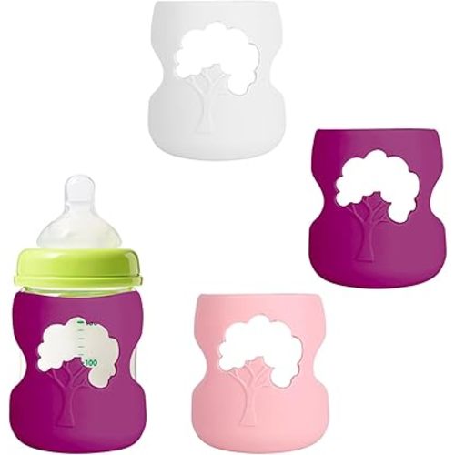 3 Pack Silicone Sleeve Compatible with Dr. Browns Glass Bottles, Silicone Sleeve for Dr Brown, Anti Breakage 5oz Wide Neck Bottle Covers Holder, White Purple and Pink Baby Bottle Holder