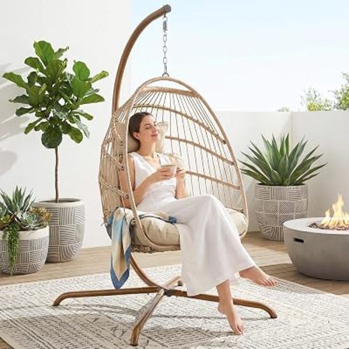 Silla colgante en forma de huevo con soporte para interior y exterior, cómodas sillas de columpio de mimbre para patio con cojín, silla con forma de huevo con capacidad de 350 libras para