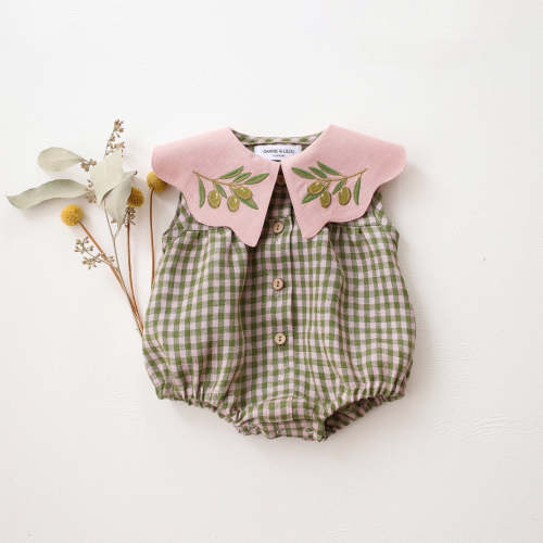 Grass Green Gingham Linen Button Front Bubble Playsuit with Scalloped – Dannie and Lilou