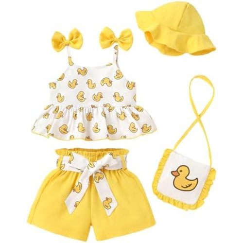 Happy Town Toddler Baby Girl Clothes Summer Outfits Cute Ruffle Sleeveless Tank Tops Shorts Set with Hat and Bag