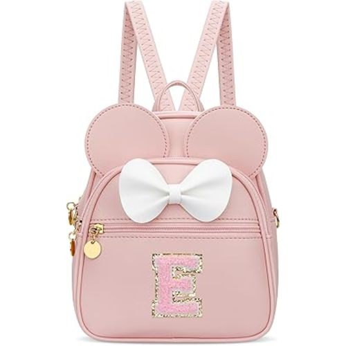 KKXIU Girls Initial Bowknot Cute Mini Backpack for Toddler, Travel Small Girl Backpacks, Personalized Birthday Gifts for Little Girls and Kids(E, Pink)