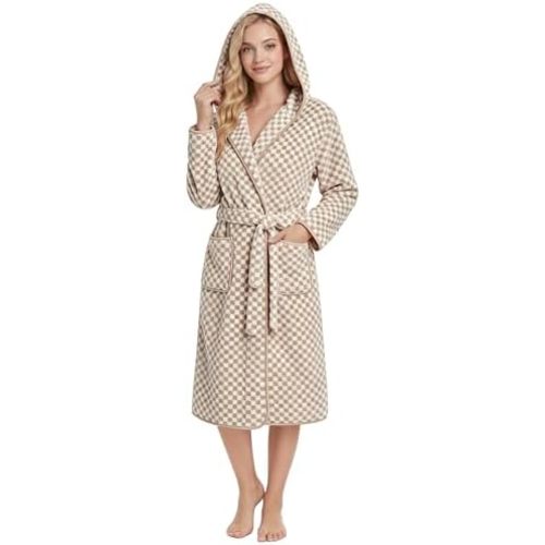 PJGGZ Checkered Hooded Bathrobe for Women, Lightweight Microfiber Towel Material Quick Dry Soft Absorbent Y2K Trendy Robe