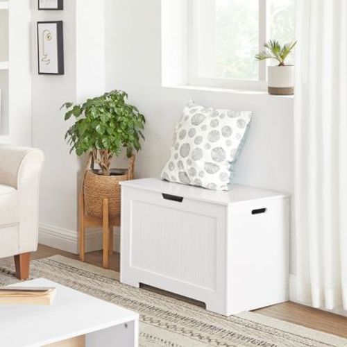 VASAGLE Chest, Storage 2 Safety Hinges, Shoe Bench, Farmhouse Style 15.7 x 29.9 x 18.9 Inches, for Entryway, Bedroom, Living Room, Cloud White