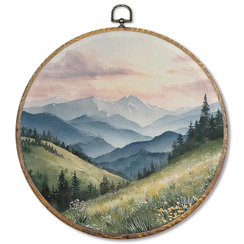 Sufamb Nature Mountain Round Wall Art Decor, Cottagecore Wildflower Landscape Canvas Artwork Framed, Rustic Forest Wall Hanging Prints Decorations for Bedroom Living Room Home Decor, 10x10 Inches