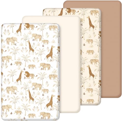 SmoothNovelty 4 Pack Safari Jungle Crib Fitted Sheet for Boys Girls,Beige | 52" x 28", Neutral Baby Sheet with Animals Style, Nursery Decor Gift Set for Standard Mattress, Microfiber Soft Breathable