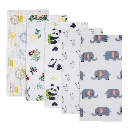 Muslin Burp Cloths 5-Pack 20''x10'' Panda Baby Burping Cloth Set 100% Cotton Washcloths 6 Layers Baby Essentials Super Soft and Absorbent