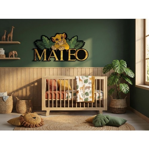 Personalized Simba Wooden Name Sign, Lion King Custom Nursery Wall Decor, Safari Jungle Kids Room Art