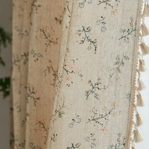 "Seasonwood Bohemian Floral Bedroom Curtains, Rod Pocket, Farmhouse Linen, Light Filtering, Beige, 52"" x 84"