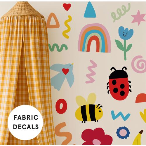 Large Colourful Doodle Fabric Wall stickers for nursery – Peel and Stick removable Decals