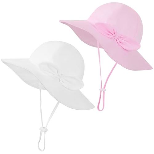 Baby Girl Sun Hat 2Pack Infant Toddler Swim Wide Brim Strap Bucket Hat with UPF 50+ Adjustable