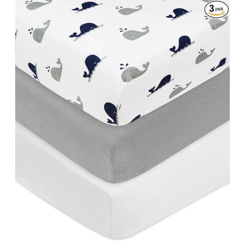 American Baby Company 3 Pack 100% Natural Cotton Fitted Crib Sheets 52" x 28" - Soft, Breathable, Hypoallergenic & Gentle Toddler Bed Sheets, Navy Whale/Gray/White, Neutral for Boys & Girls