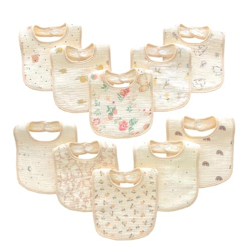 MUKIN Baby Muslin Bibs, Cotton Drooling Feeding Towels, Adjustable Snap Closure, Various Prints, 10 Pack