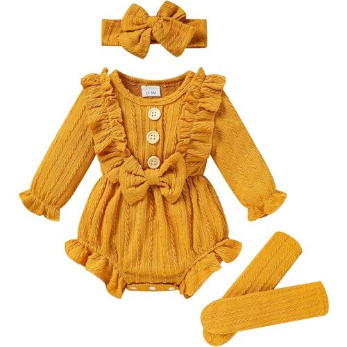 GRNSHTS Newborn Baby Girl Clothes Ruffle Solid Sweater Long Sleeve Romper+Hairband+Socks 3Pcs Fall Winter Outfits