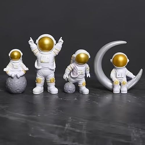 Gold White Astronaut Statues Set of 4, Spaceman Sculptures Figurines Space Theme Decor for Room Shelf Desk Cake Toppers
