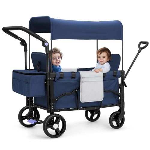 Cochecito para 2 niños con toldo, cochecito plegable todo terreno con asa ajustable para empujar/jalar, organizador para padres, arnés de 5 puntos (azul oscuro)