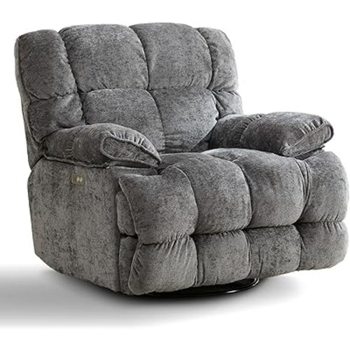 GINGO Power Oversized Recliner Chair, Extra Wide Swivel Rocking Recliner Chair, Breathable Soft Fabric Modern Single Sofa for Living Room, 90°-140° Electric Adjustable Angle, USB & Type-C Port, Gray