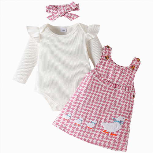 CAICJ98 Baby Girl Clothes Suspender Skirt Newborn Long Sleeve Ruffled Romper + Cute Embroidery Dress + Headband Fall Winter Spring Outfits Pink,Size 12-18 Months