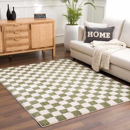 BoutiqueRugs Washable Green Checkered 5x7 Area Rug Contemporary Plush Off White Canika Living Room Bedroom Dining Room Home Office Apartment 5'3" x 7' Easy Clean Stain Resistant